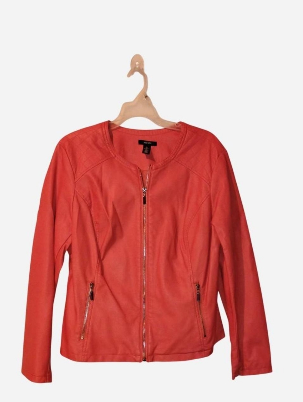 Alfani Coral Faux Leather Jacket XL Quilted Moto Collarless Zip Up